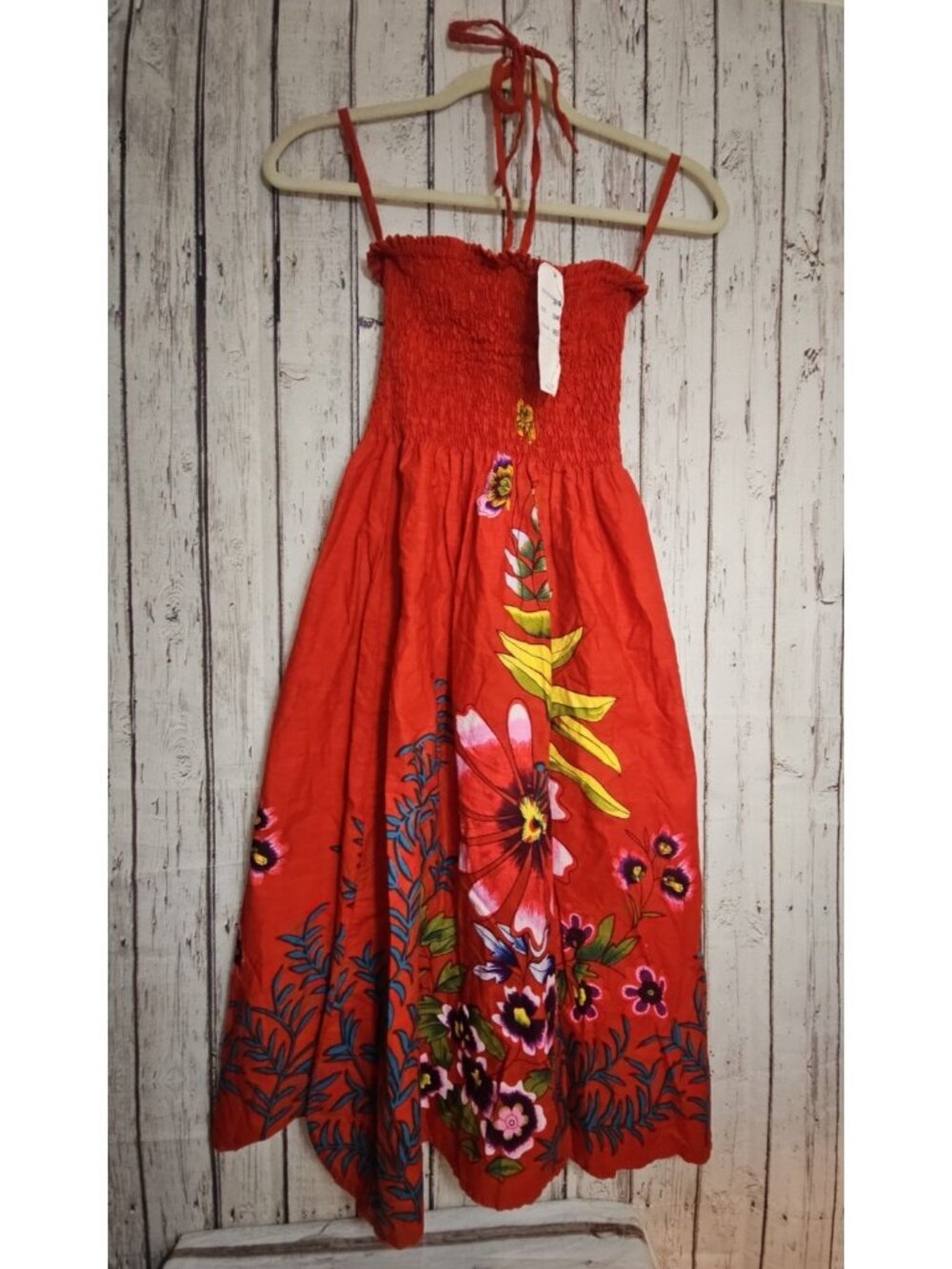 Alki'i Red Floral Sundress Halter Smocked Dress One Size S 100% Cotton New